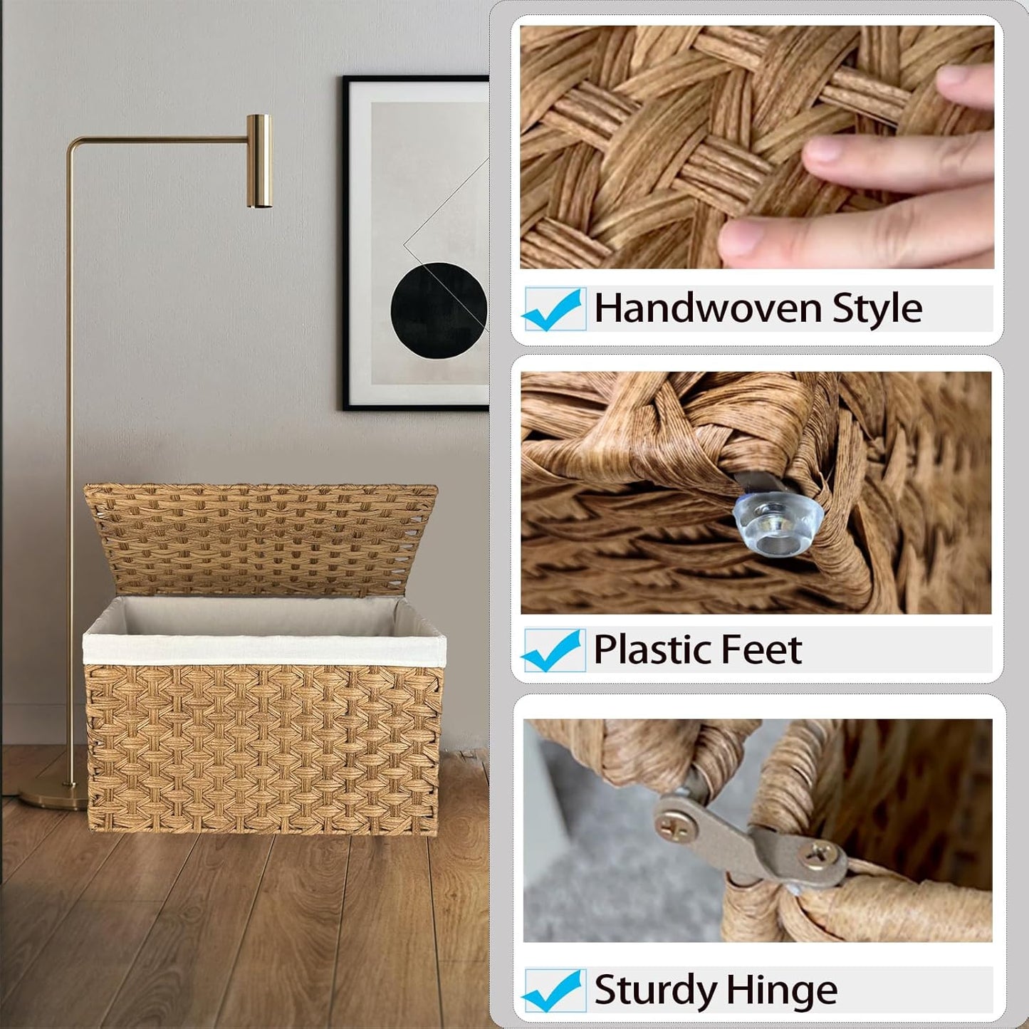 Wicker Storage Basket with Lid, 42.3 Gallon (160L) Large Blanket Basket with Lid, Woven Storage Bin with Handles, Removable Liner, Metal Frame, Foldable, for Bedroom, Laundry Room, Natural