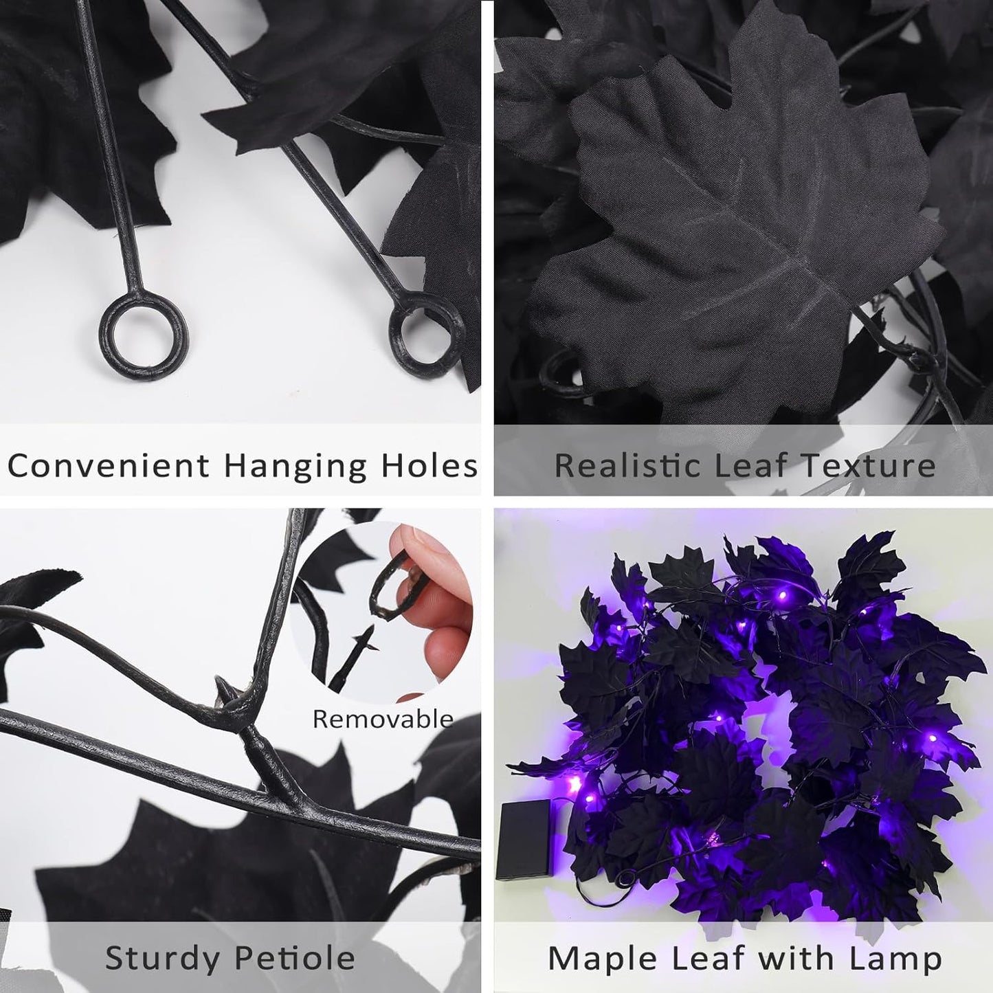 RECUTMS Halloween Maple Leaf Garland with Purple Lights - Black Artificial Leaves Decor for Home Mantle, Stairs, Indoor/Outdoor - 2 Pack