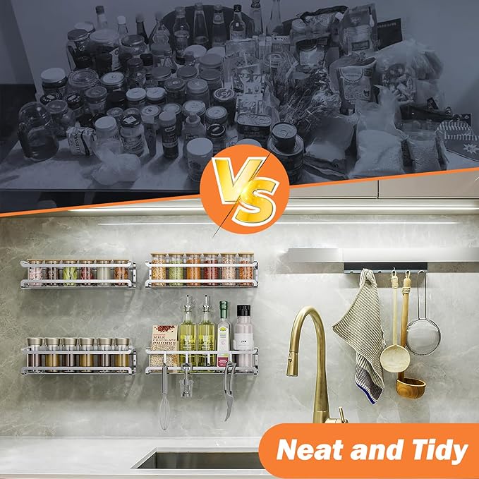 Spice Rack wall mounted 4 Pack, Space-Saving Spice Organizer for Spice Jars and Seasonings,Screw or Adhesive Hanging Spice Rack Organizer for Your Kitchen Cabinet,or Pantry Door,Chrome