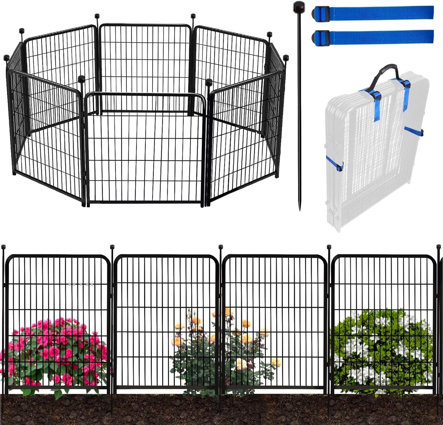 ADAVIN 48 in(H) Garden Fence without Gate, 8 Panels Total 17.7 Ft(L), Dog Fence Outdoor For Yard, Fencing for garden beds, Dog Digging Fences Barrier, Black Iron Metal Heavy Flowers Fences and Borders