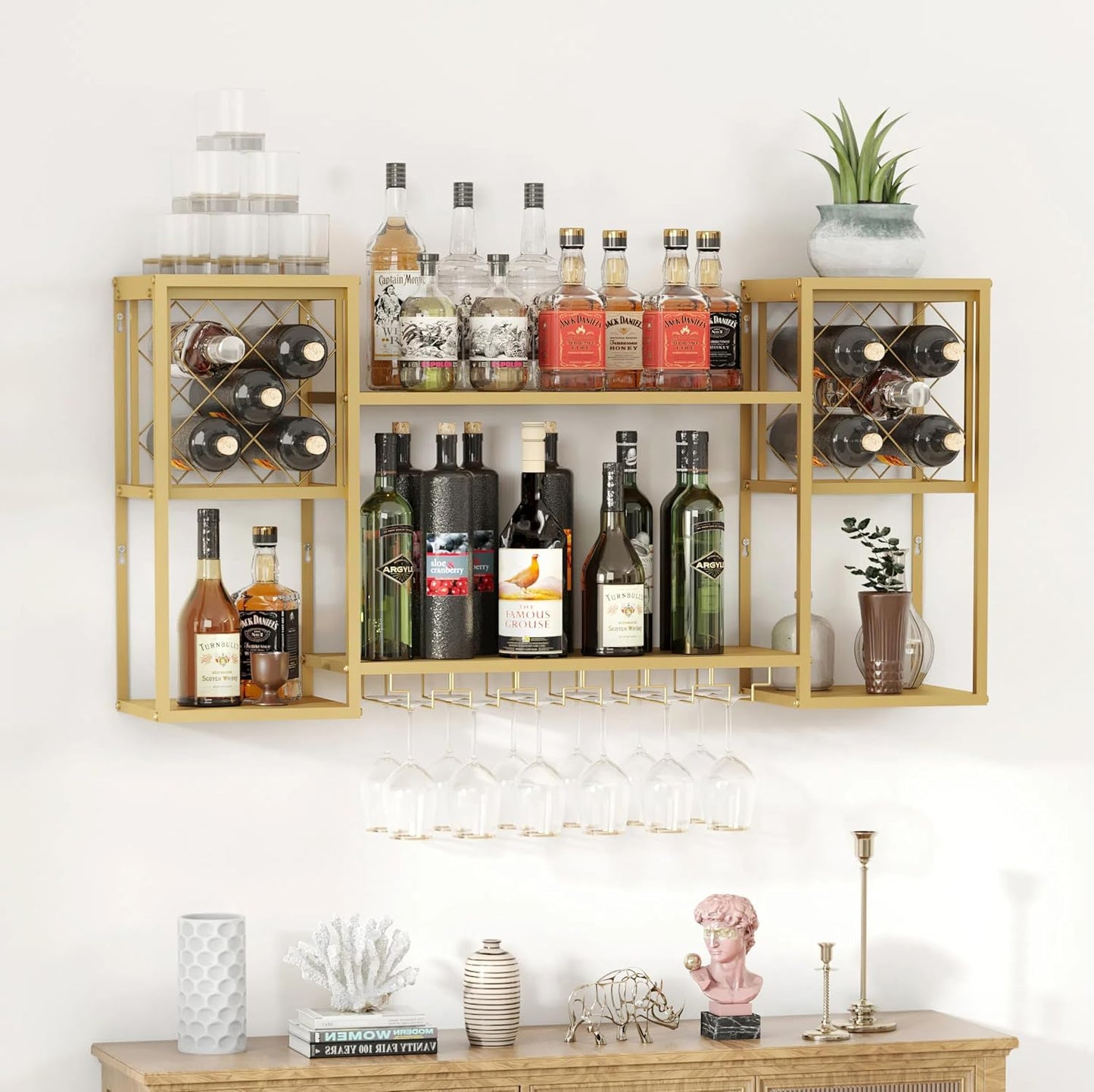 Wall Mounted Wine Rack with Glass Holder,Metal Floating Bar Liquor Shelves 2 Tier,Wine Glass Rack Multi Functional Wine Storage Display Rack for Home Bar Dining Room Kitchen,Gold