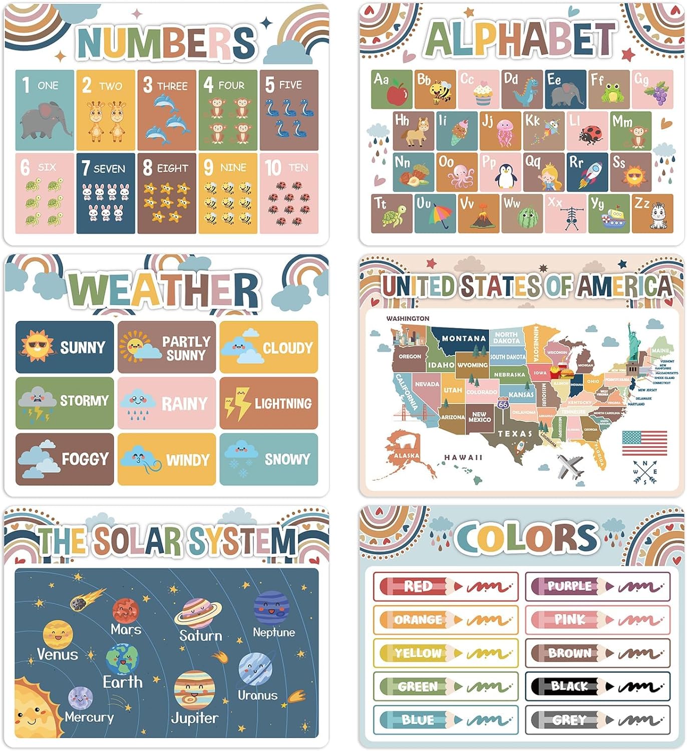 Educational Preschool Kids Placemats Set of 6 Boho Plastic Table Mats Toddler Children Montessori Place Mats for Kids Washable Holiday Desk Decoration for Indoor Outdoor Party Kitchen Dining Table