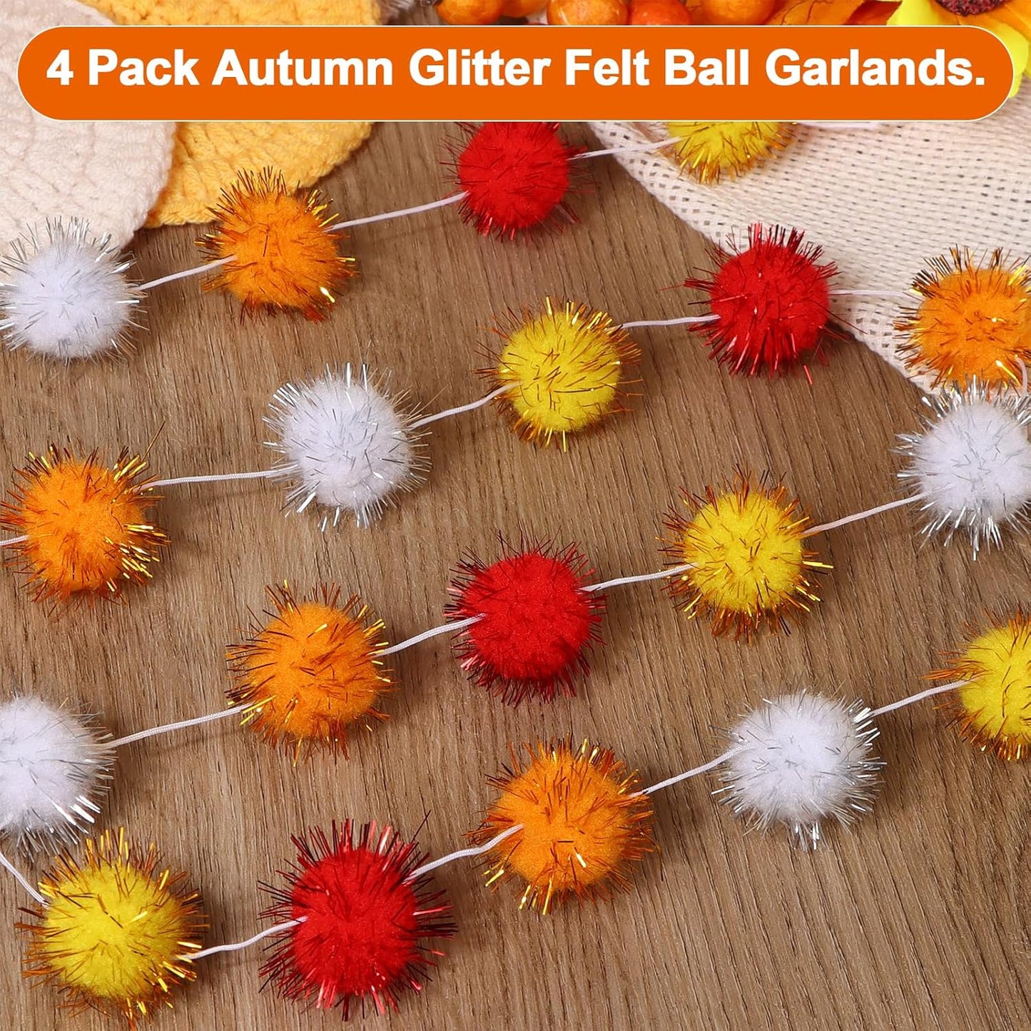 4 Pack Fall Glitter Felt Ball Garlands, Glittery Pom Pom Garland Orange, Yellow, White, Red Large Felt Ball Decorations for Autumn Thanksgiving Halloween Party Decor