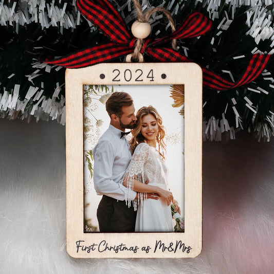 Christmas Photo Frame Ornament, 2025 Ornament, Wooden Picture Frame Ornaments With Hanging String (First Christmas As Mr & Mrs (Portrait))