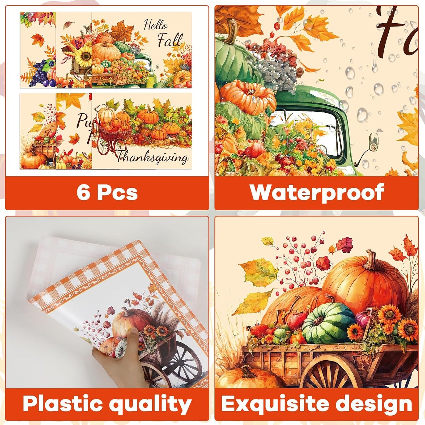 Thanksgiving Placemats Set of 6 Fall Plastic Table Mats Thanksgiving Day Place Mat Autumn Harvest Place Mats Washable Rustic Pumpkins Table Decoration for Indoor Outdoor Party Kitchen Dining