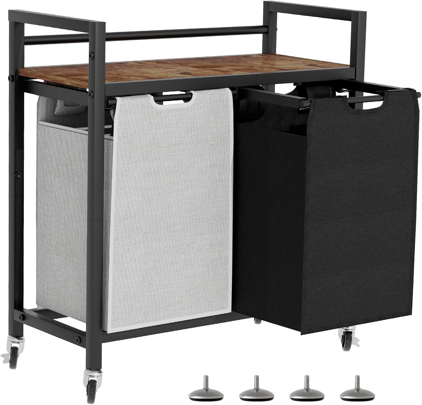 Laundry Hamper, Laundry Basket, Laundry Sorter with 2 Removable Bags, Clothes Basket with 2 Compartments, Wheels, Shelf for Laundry Room Bathroom Bedroom (2 Bags-Black Grey)