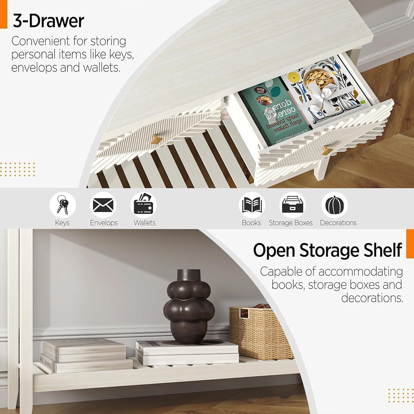 47" Fluted Console Table with 3 Drawers, Narrow Long Entryway Table with Storage Shelf, Sofa Tables for Entryway, Living Room, Behind Couch, Foyer, Hallway, Office (Beige)