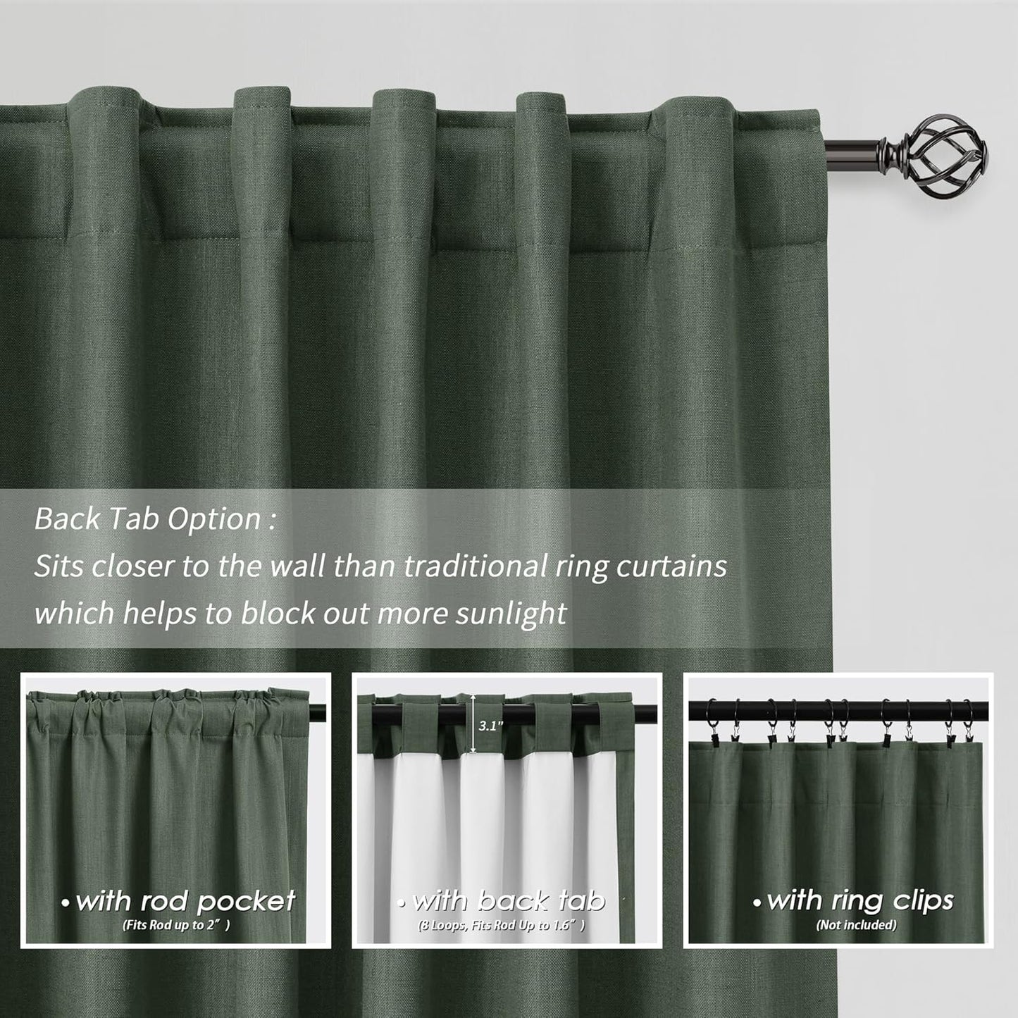 BOODII Olive Green Blackout Curtains for Bedroom 80 Inch Length 2 Panels Set Room Darkening Curtains Linen Black Out Curtain Modern Thermal Insulated Living Room Drapes Back Tab Loden 52x80