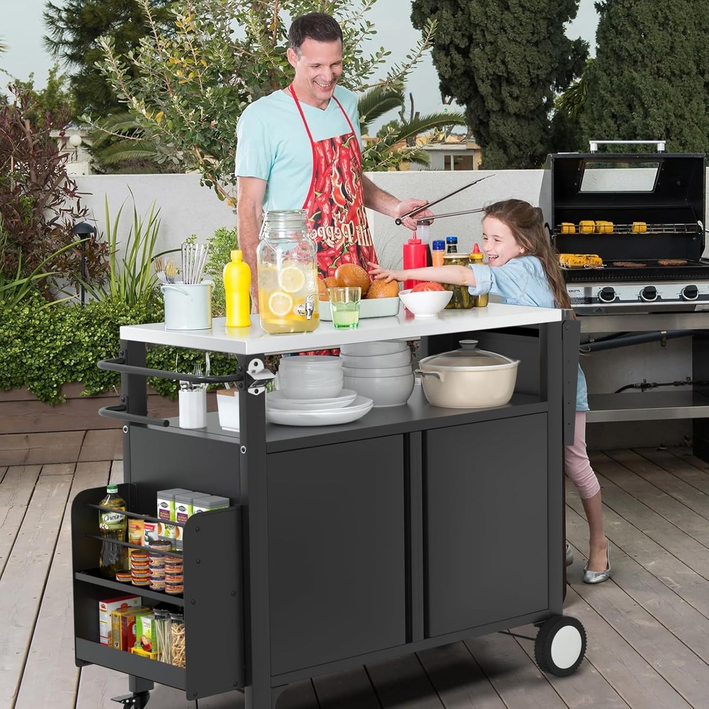 Outdoor Grill Cart with Wheels, Outdoor Kitchen Bar Cart Mobile BBQ with Foldable Stainless Steel Top & Storage Cabinet