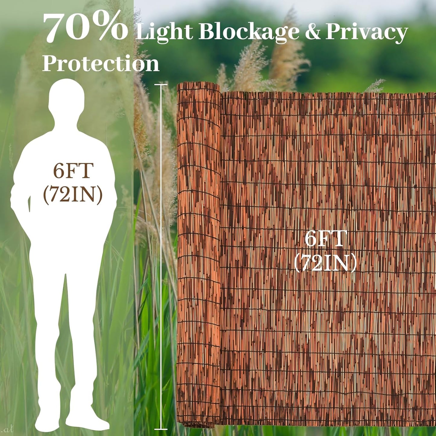 Brown 6FT X 16.4FT Reed Fencing Roll, Balcony Privacy Reed Shade Bamboo Fencing Garden Fence Border, Wind Block Sunshade Fence Screen for Outdoor Yard Patio Flower Bed Edge