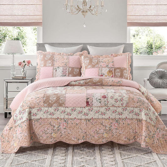 Yvooxny Quilts Queen Size Patchwork Pink Floral Quilt Set Vintage Shabby Chic Botanical Floral Quilted Bedspread 3-Piece Quilt Set with Ruffle for All Seasons, Queen Size, 98 * 90 Inches
