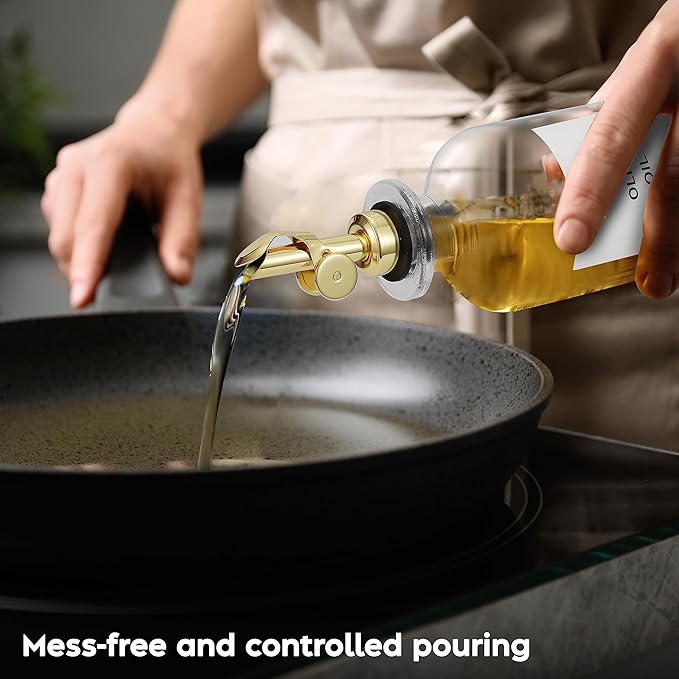 Olive Oil Dispenser Bottle - Includes 55 Kitchen Essential Labels - Cooking Oil Bottles for Kitchen, Coffee Syrup Dispenser - Pourer Spout with 16.9 fl oz Glass Container Cruet - 2pcs, Gold