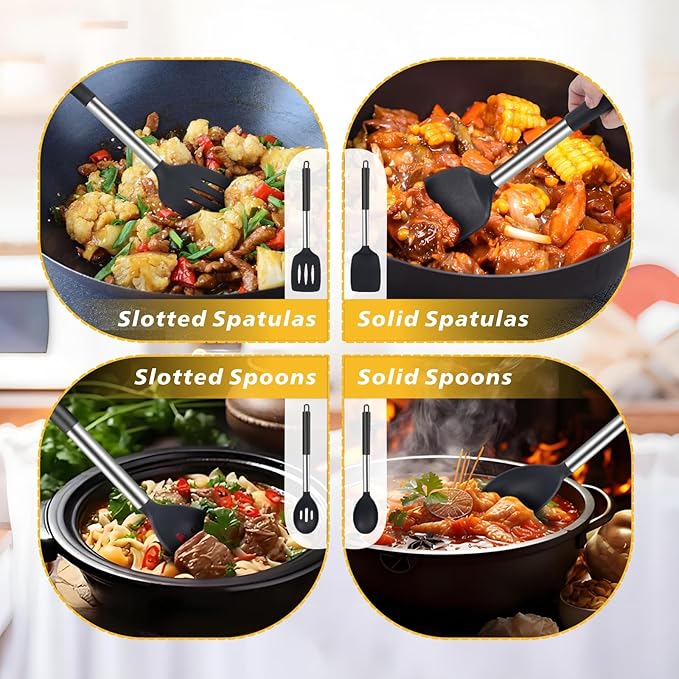 Silicone Kitchen Cooking Utensils Set 5-Piece BPA-Free Heat-Resistant Non-Stick & Dishwasher-Safe, with Slotted/Solid Spoons & Spatulas for Frying,Draining – Includes Multi-Purpose Serving Hook(Black)
