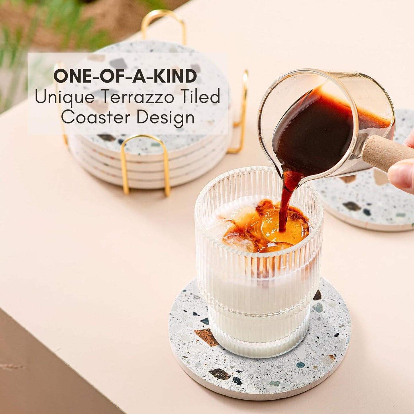 Terrazzo Drink Absorbent Coasters with Holder Set of 6, Ceramic Coaster for Drinks, Coffee Table Decor, Water Absorbing Stone Coaster for Drinks (Granite)