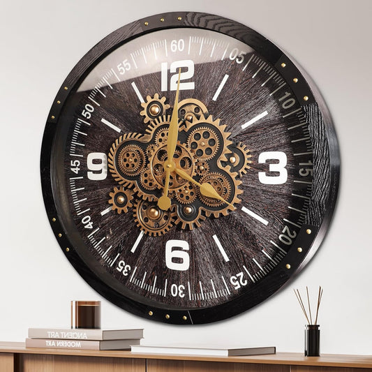Wall Clocks for Living Room Decor, Large Real Moving Gears Clock, Vintage Industrial Oversized Rustic Farmhouse Kitchen Office Fireplace Wall Decor (Grey Black, 27 inch)