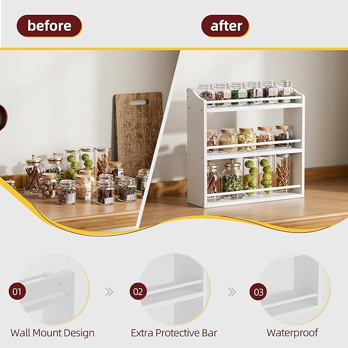 Spice Rack Wall Mounted, Freestanding Spice Organizer for Countertop, Bamboo Spice Storage Holder, for Kitchen Cupboard, Pantry, Bathroom (White)