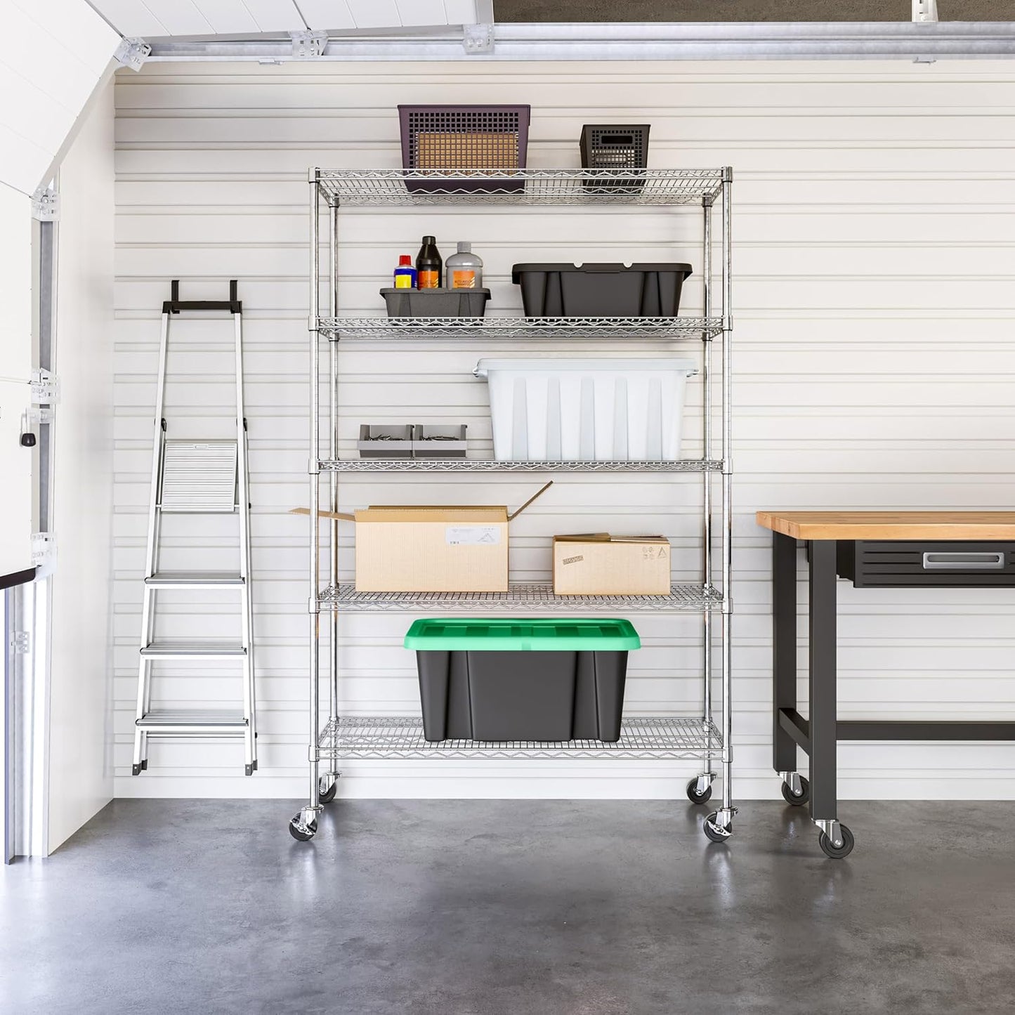 Seville Classics UltraDurable Heavy Duty NSF Solid Steel Wire Rack Storage Unit Organizer for Garage, Warehouse, Office, Restaurant, Classroom, Kitchen, 5-Tier Shelving, 48" W x 18" D