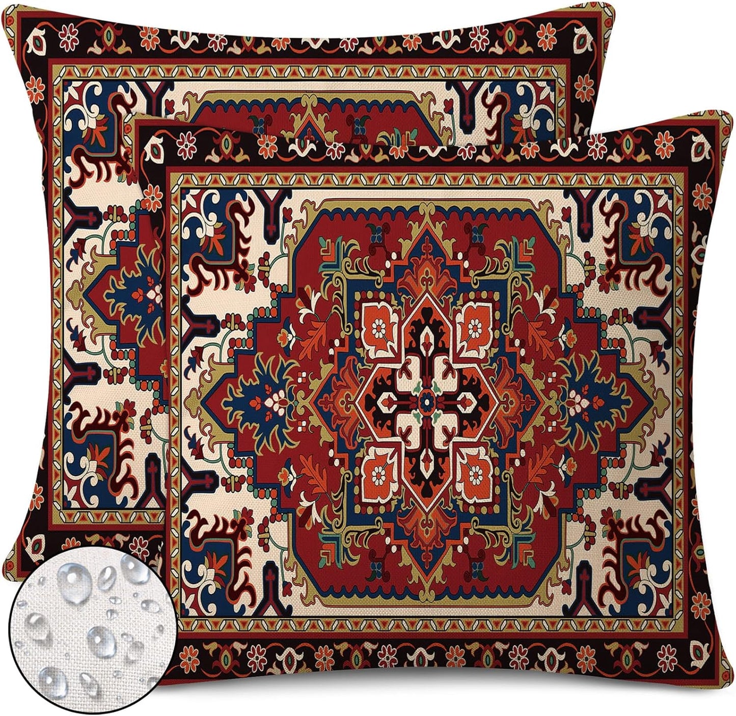 Outdoor Waterproof Pillow Covers 18x18 Inch Red Floral Bohemian Vintage Carpet Pattern Ethnic Design Decorative Farmhouse Cushion Cases for Sofa Couch Garden Balcony Set of 2