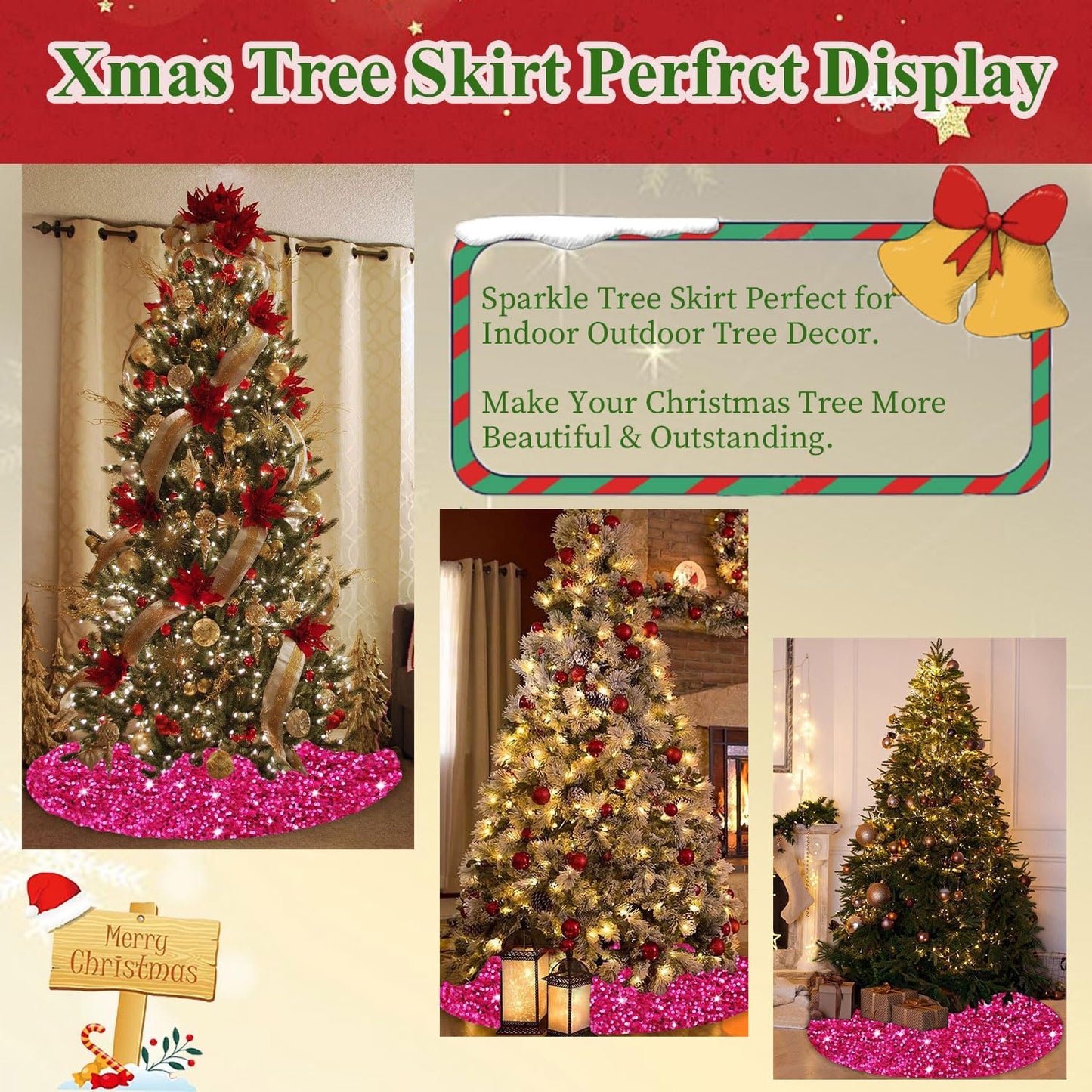 MODFUNS Hot Pink Sequin Christmas Tree Skirt 48 Inches Sparkly Tree Skirt Large Velvet Xmas Tree Mat Shiny Christmas Tree Covers Luxury Xmas Tree Skirt Christmas Day Home Artificial Tree Blanket