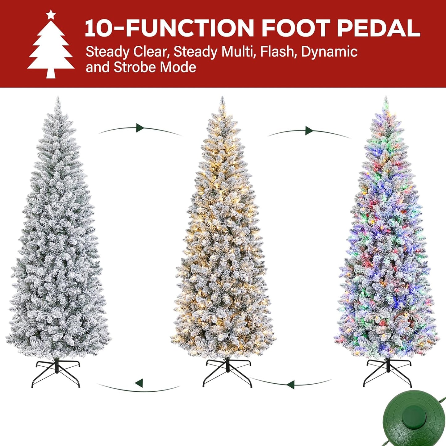 Hykolity 7.5 ft Pencil Prelit Christmas Tree, Artificial Slim Christmas Tree with 300 Multicolor LED Lights, 792 PVC Branch Tips, Metal Stand and Hinged Branches, 10 Modes