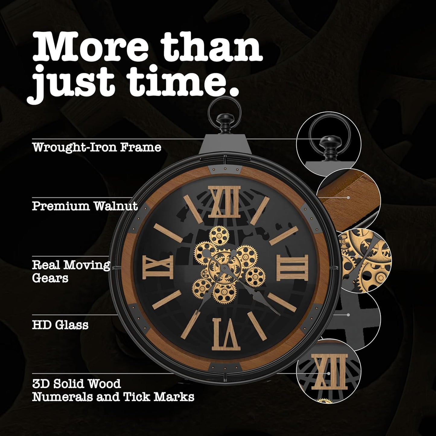 Driini 30 Inch Large Rustic Farmhouse Gear Clock with Moving Gears – Vintage Oversized Wall Clock with Iron Frame – Giant Industrial Steampunk Wall Clock for Living Room Décor (Walnut)