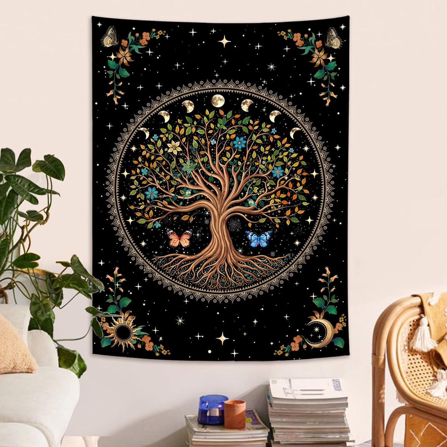 Lunerfex Tree of Life Tapestry Moon Phase Wall Tapestry, Green Tapestries for Bedroom Ceiling Tapestries Wall Hanging for Bedroom Living Room Decor Tree-4 60"x80"