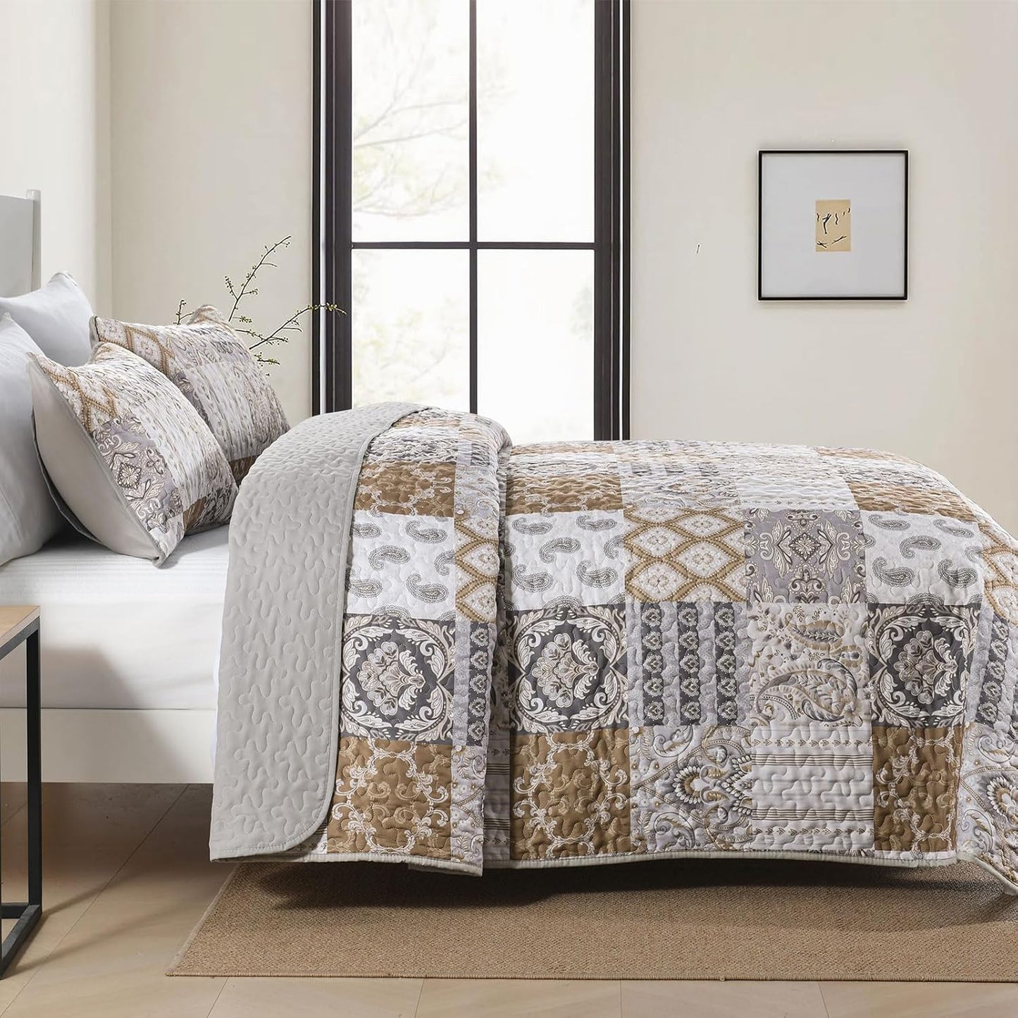 WONGS BEDDING Brown Quilt Set King Size, Patchwork Plaid Bedspread Bedding Sets Paisley Soft Microfiber Quilts for King Bed 3 Pieces Coverlet Set for All Season (104"x90")