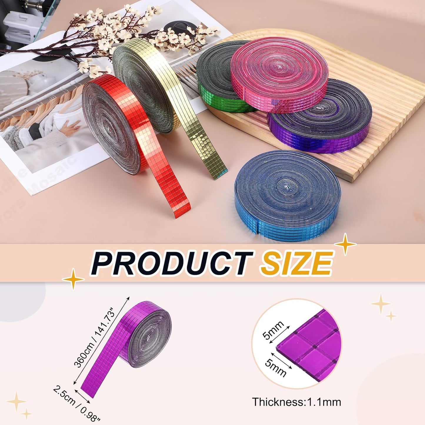 PATIKIL 5x5mm Self Adhesive Mirrors Mosaic Tiles, 3600 Pcs Square Mini Glass Mosaic Disco Tile Sticker for DIY Craft Disco Ball Party Decoration, Rose Red