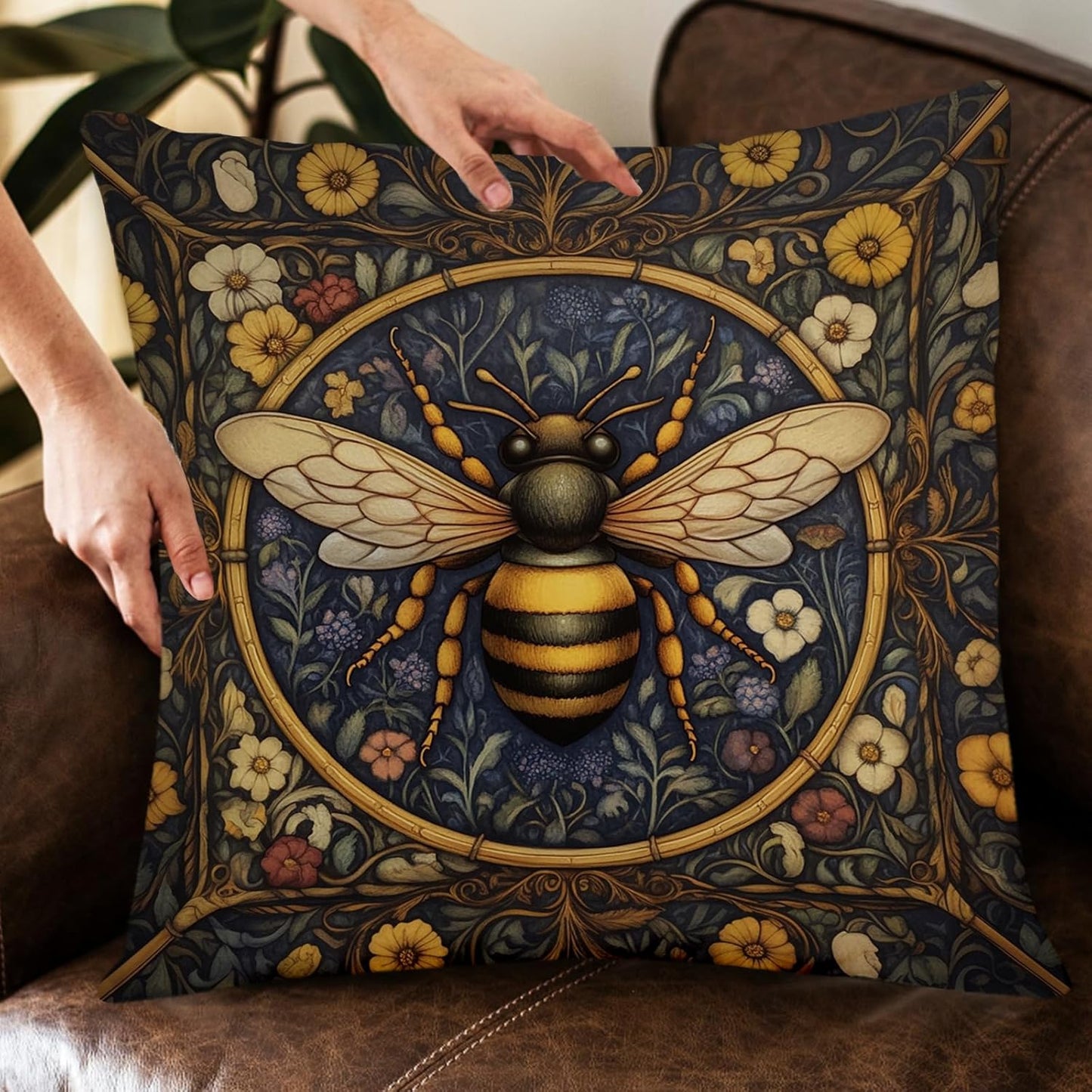 YOU FOUND ME William Morris Abstract Vintage Floral Velvet Butterfly Design Throw Pillow Covers Home Decor, Retro Art Deco Pillowcase Cushion Cover for Bed Sofa Living Room, Square 18x18inch (Bee)