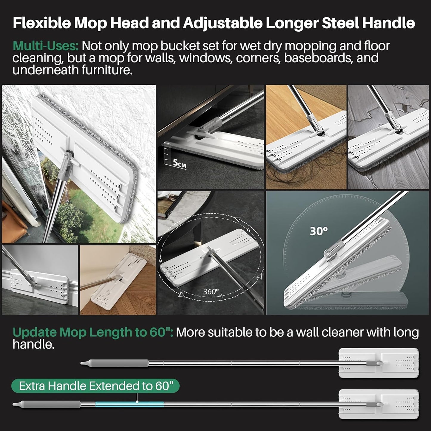 JOYMOOP Mop and Bucket with Wringer Set, Hands Free Flat Floor Mop and Bucket, with 8 Washable Microfiber Pads, Wet and Dry Use, Floor Cleaning System