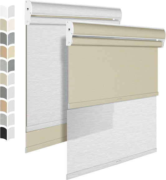 BERISSA Cordless Dual Roller Shades with Cassette Valance, Double Window Shades, Blackout and Light Filtering, Day and Night for Home Office Door. Beige and White. 35 W x 44" H