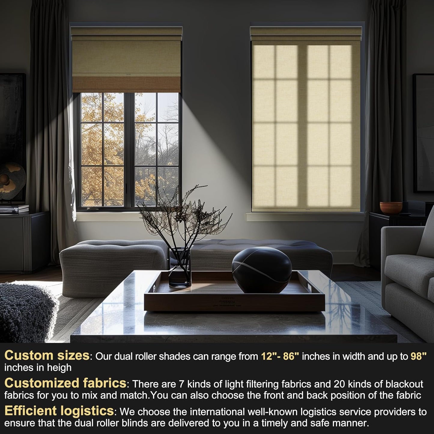 BERISSA Cordless Dual Roller Shades with Cassette Valance, Double Window Shades - Blackout and Light Filtering, Day and Night for Home Office Door. Linen Beige. 32 W x 72" H