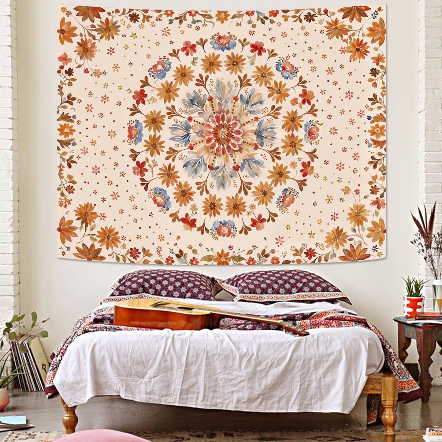 Fowocu Boho Floral Mandala Tapestry Wall Hanging Watercolor Bohemian Flower Medallion Tapestry Aesthetic Beige Orange Hippie Indian Small Tapestries for Bedroom Living Room Dorm Decor 40 x 30 Inch