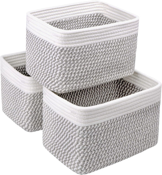 Small Cotton Rope Storage Basket Set of 3-11"x7"x7" Perfect Woven Baskets for Storage, Ideal Storage Baskets for Organizing Toys, Towels, and More - Baskets for Shelves（White & Mixed Grey）
