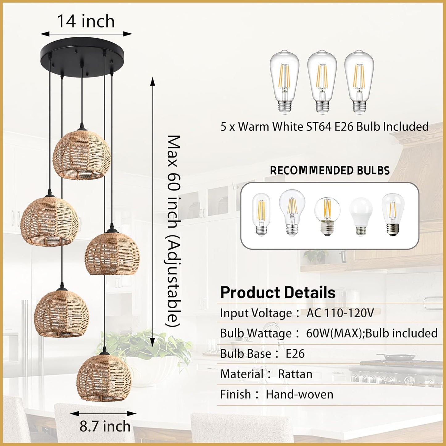5-Light Woven Foyer Chandeliers for High Ceiling,5 Dome Boho Rattan Pendant Light Farmhouse Wicker Ceiling Light,rustic Hemp rope Light Fixture For Living Room Hallway Staircase Entryway(Bulb Incl.