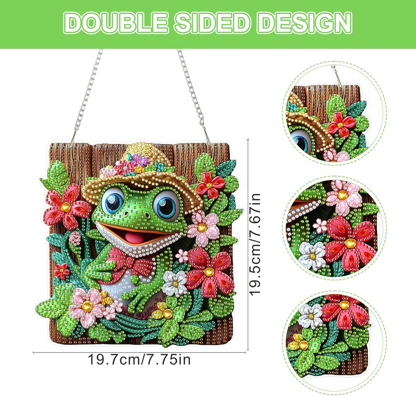 Lxmsja DIY Cute Frog Diamond Painting Hanging Ornament, Double-Sided Acrylic Flowers Diamond Art Kit, Special Shaped Drill Pendant Window Art Kit, Suncatcher Hanging Craft Decoration 8x8 inch