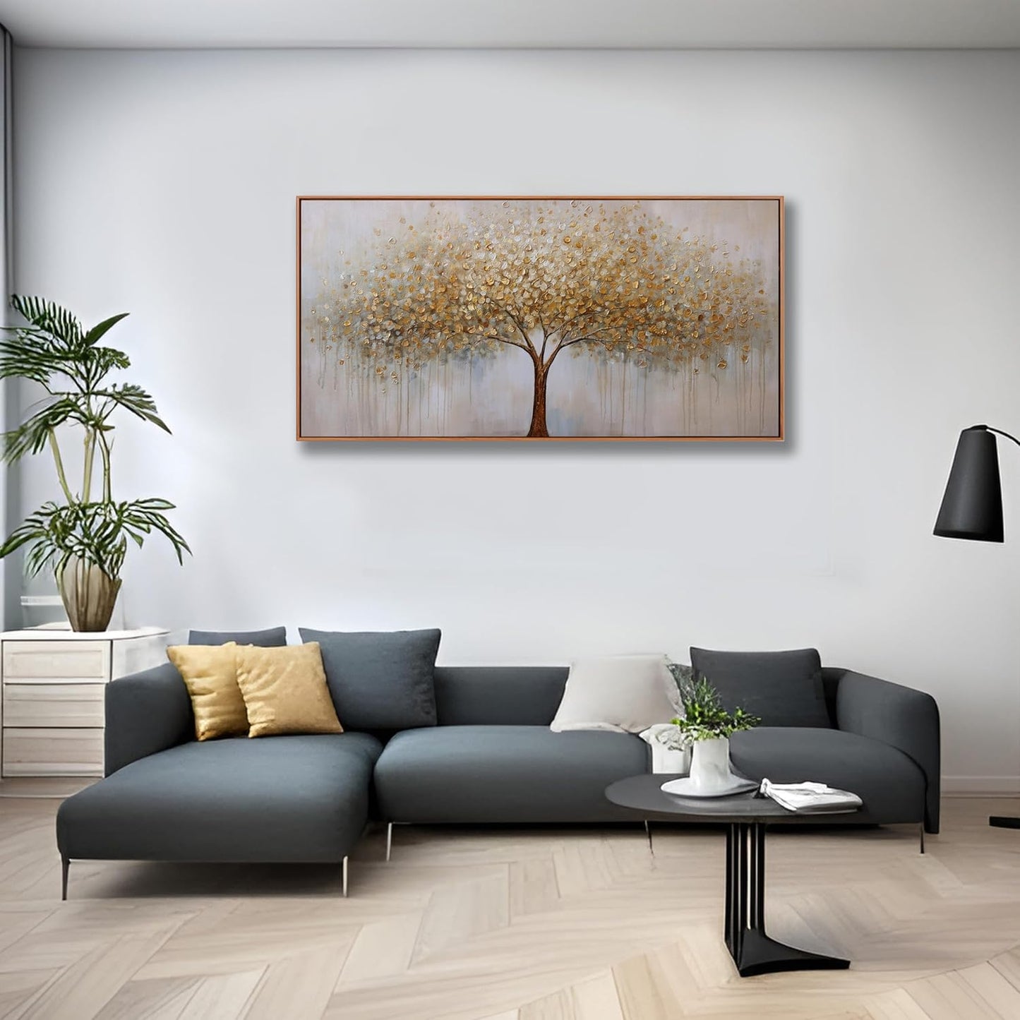 Wall Art Abstract Gold Tree of Life Framed Modern Artwork Canvas Painting Textured Tree Pictures Wall Decor for Living Room Bedroom Dining Room Home Office Decor 24"x48" with Framed