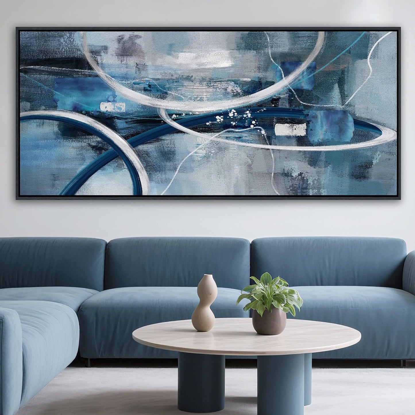XLSJERST Large Abstract Canvas Wall Decor - 86x39 Inches Modern Living Room Wall Art Elegant Combination of Tones Black and White Gray Background Blue Gradient Picture