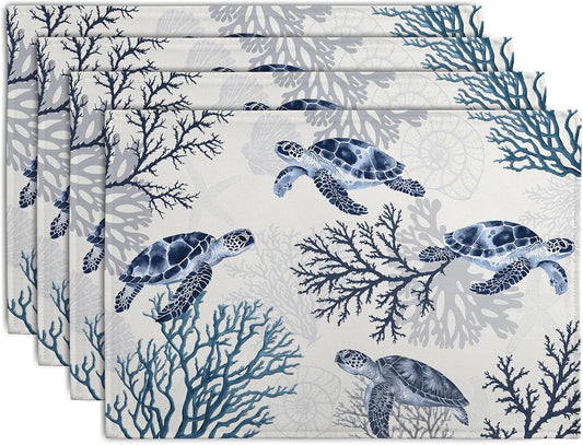 Coastal Beach Placemats Set of 4 Nautical Theme Coral Sea Turtle Navy Blue Place Mat 12x18 Inch Seasonal Summer Ocean Washable Linen Fabric Table Mats for Party Kitchen Dining Decoration