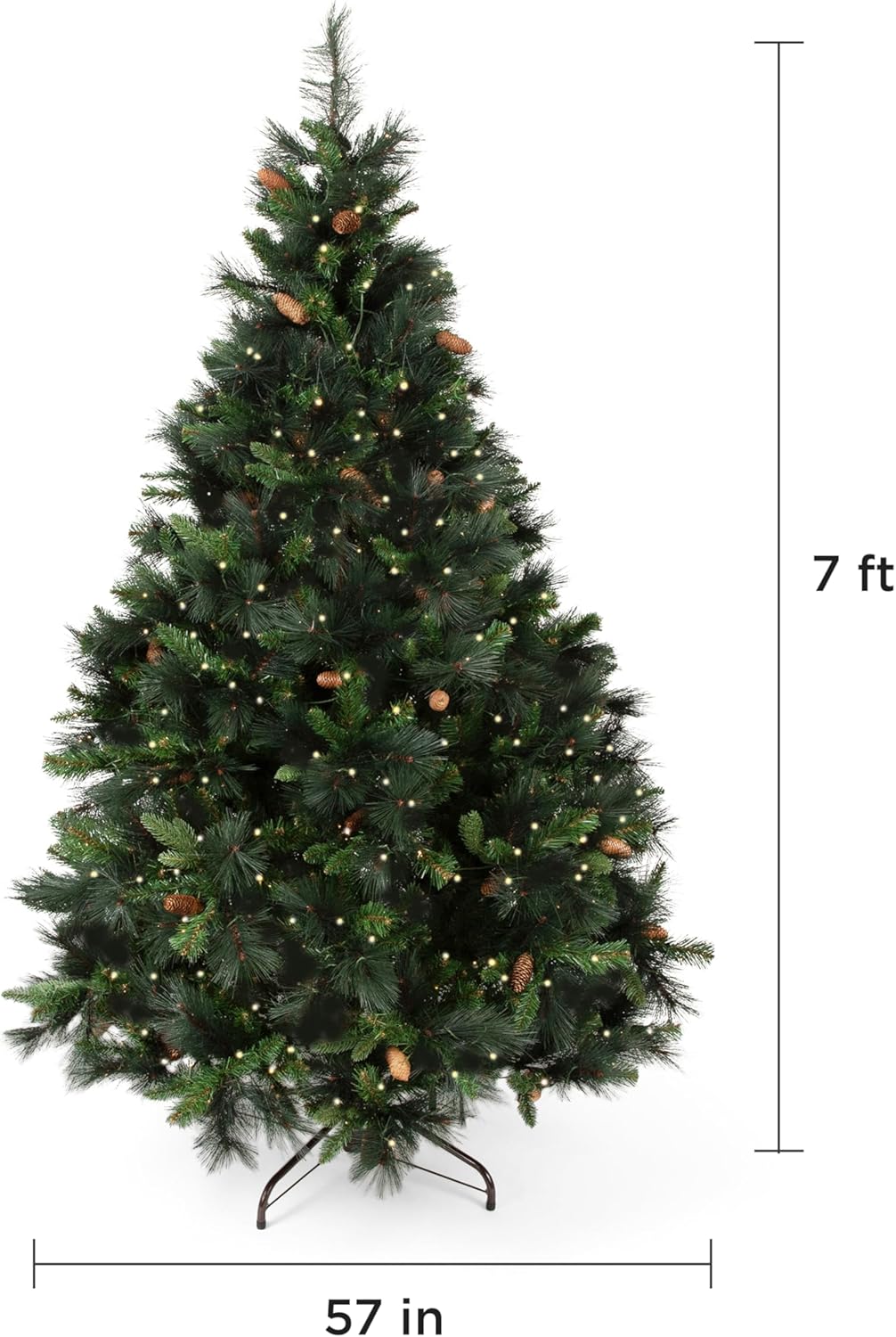 Papyrus 7 ft Pre-Lit Artificial Christmas Tree, Carolina Pine, Pine Cones, Warm White Lights, Includes Stand and Storage Bag