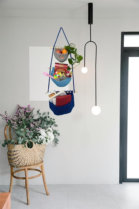 Hanging Fruit Basket, 3 Tier Cotton Macrame Produce Basket for Kitchen, Indoor Planter Hangers.