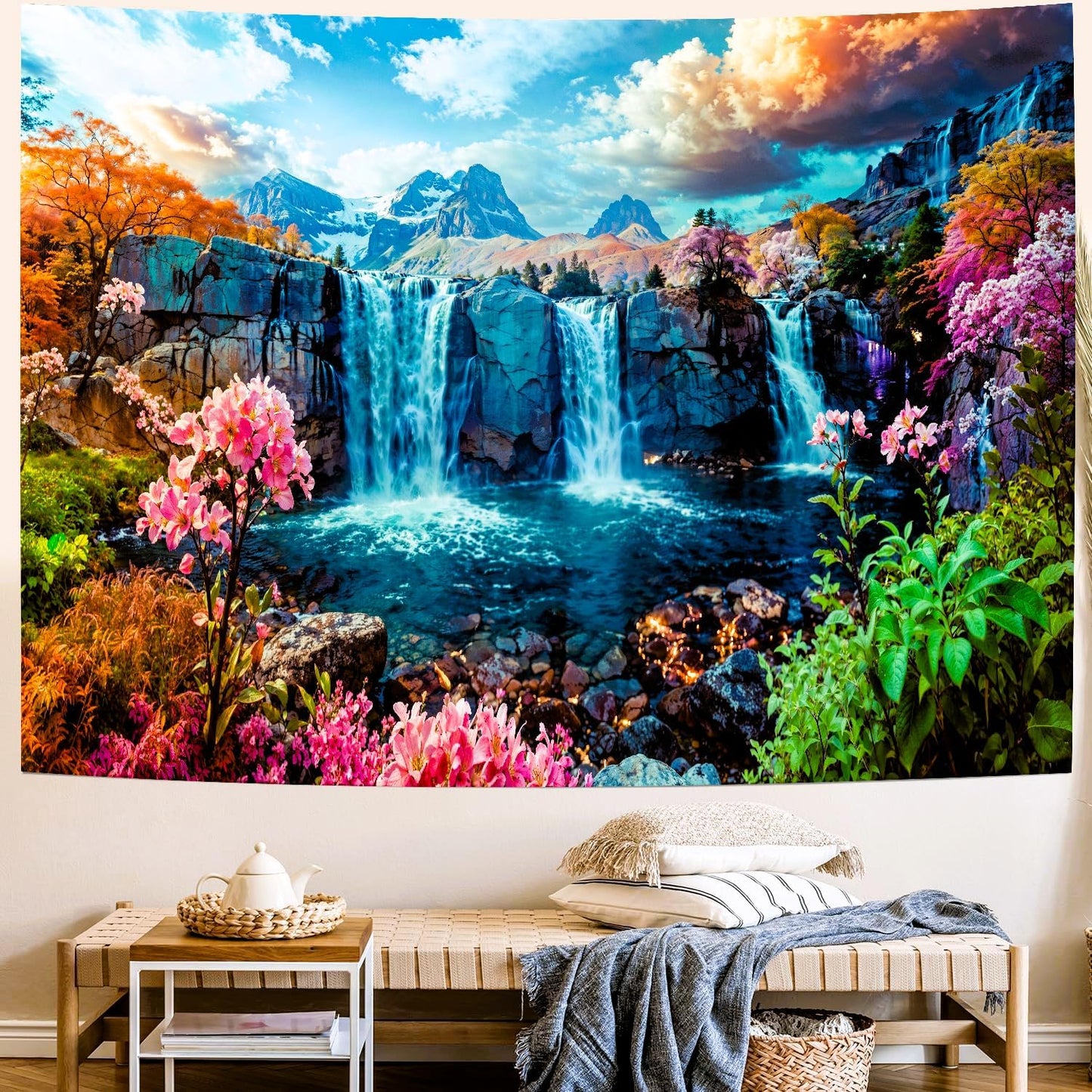 Delur Waterfall Tapestry Tropical Forest Mountain Sunset Tree Wall Hanging Tapestry Scenic Rainforest Landscape Nature Sunrise Headboard for Bedroom Living Room Home Decor (59.1" x 78.7")