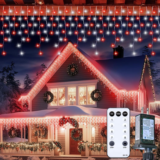 Brightown Icicle Lights - 40Ft Outdoor Christmas Lights with 81 Drops, 432 LED, Built-in Timer, Perfect for House Eaves & Weddings - Red & White