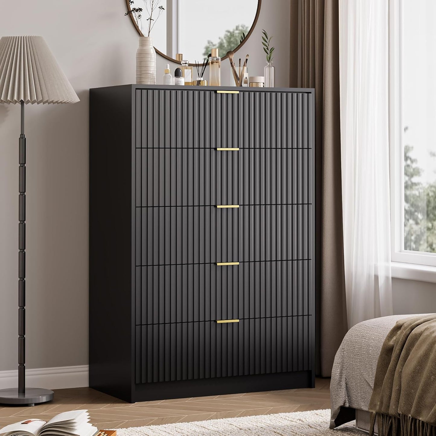 5 Drawer Dresser for Bedroom, Tall Dresser Chest of Drawers with Gold Handles, 32 Inch Wide Nightstand with for Bedroom, Living Rooms, Offices, and Entryways, Black
