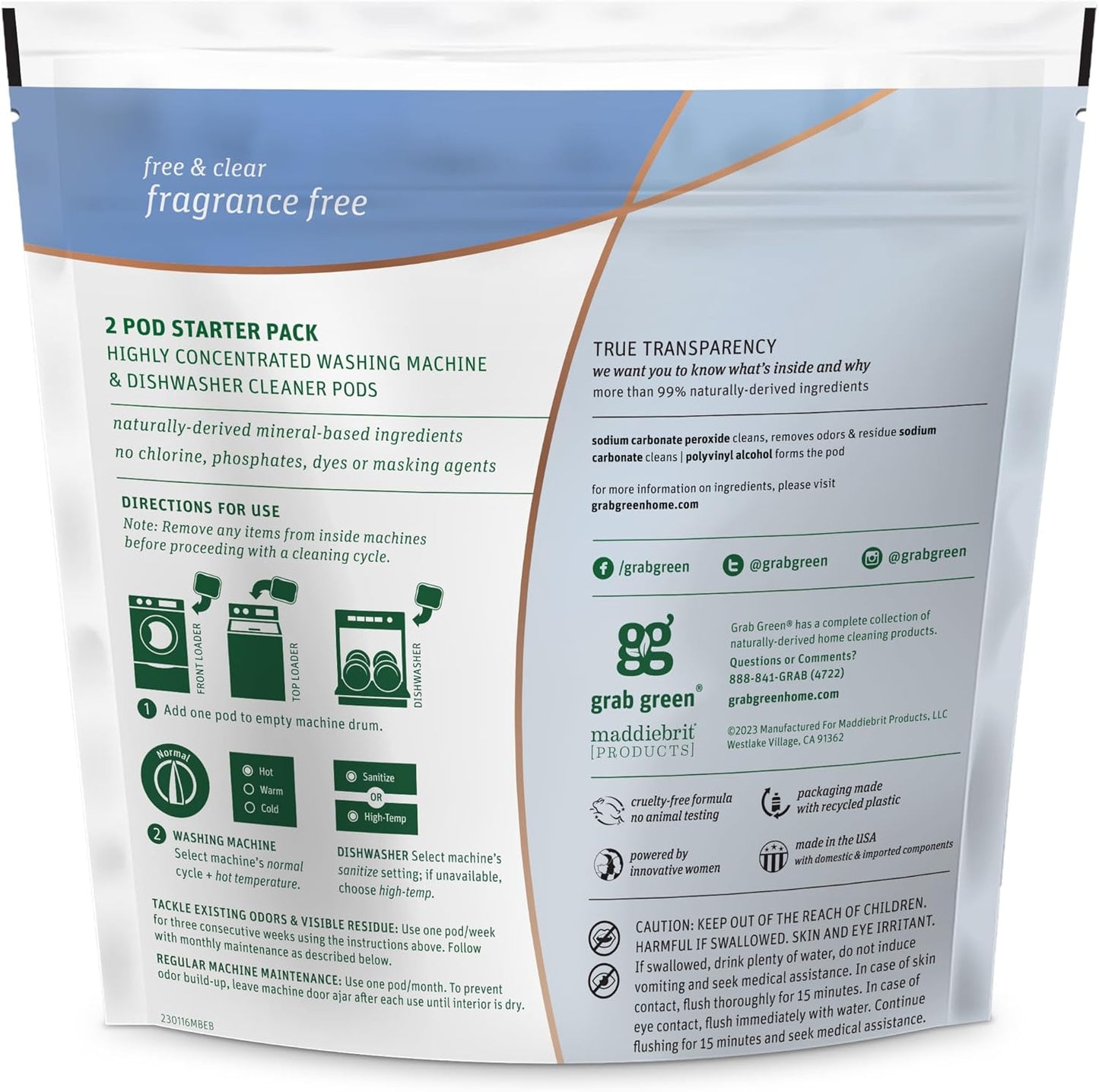 Grab Green Washing Machine Cleaner, 2 Count, Fragrance Free, Mineral Based Removes Deposits and Odors, Naturally Cleans