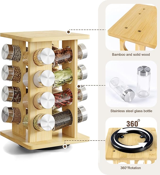 WelFurGeer Bamboo Spice Rack Organizer for Countertop, Revolving Spice Shelf with 16 Glass Jars, Lids & Labels, Desktop Rotating Seasoning Organizer for Kitchens, Space-Saving Design