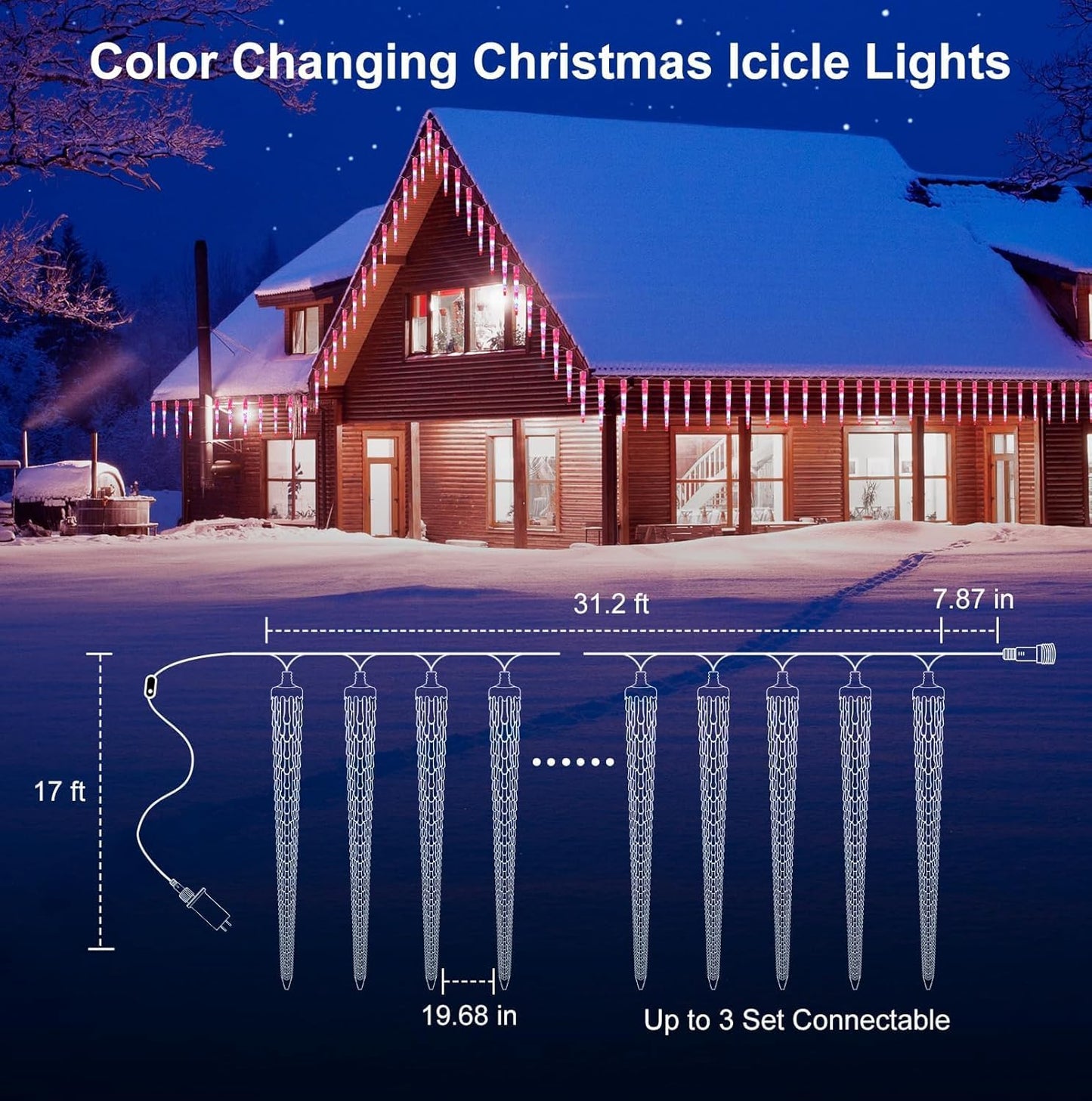 Color Changing Icicle Lights Outdoor 32.8FT 20 Tubes 100 LED Smart Christmas Lights, 39 Color Modes Waterproof Connectable Icicle Indoor Decoration for Tree Patio Roof Holiday, Smart