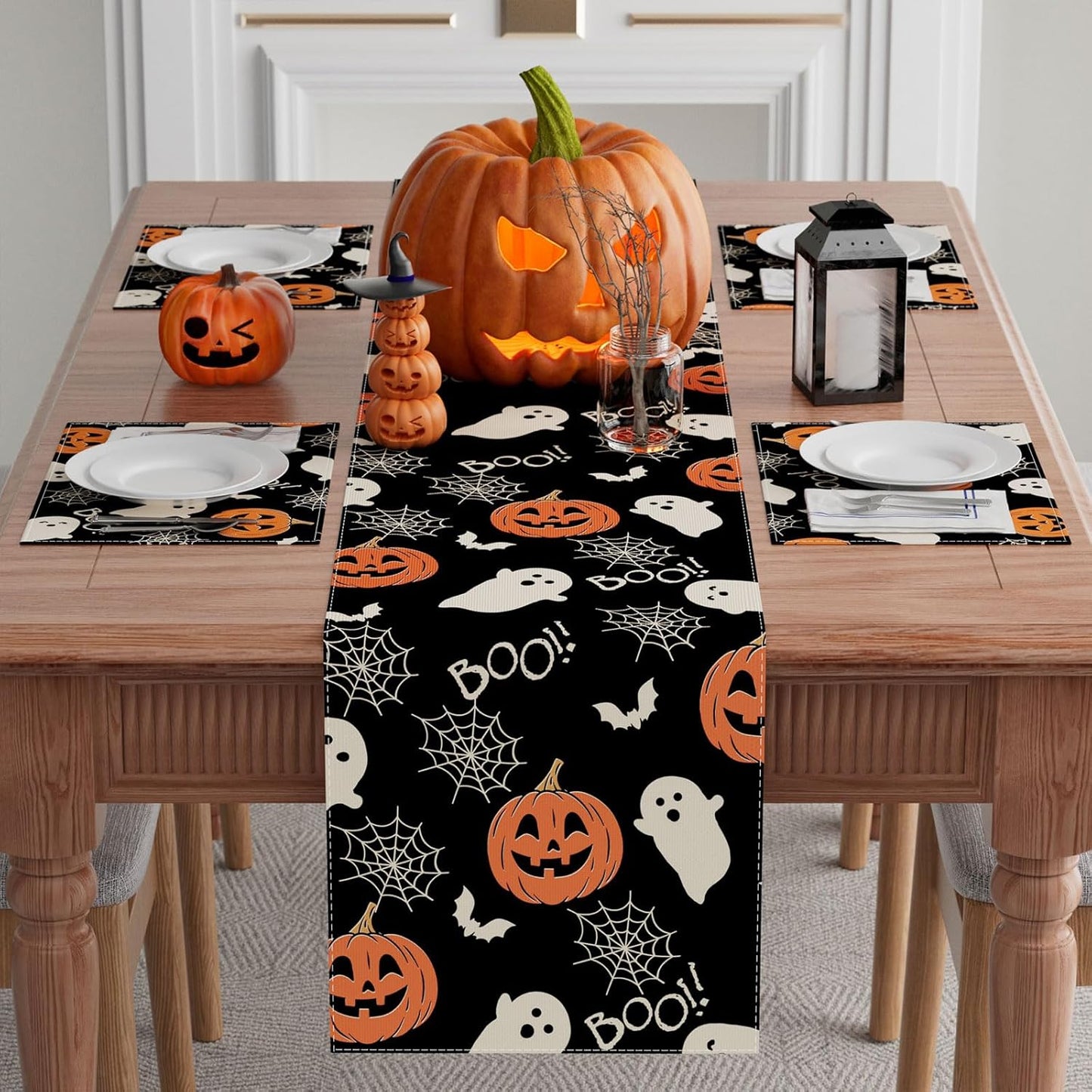 XCHI Boo Spooky Ghost Pumpkin Halloween Table Runner Burlap Table Decoration for Home Kitchen Dining Dinner Indoor Holiday Farmhouse Decor 13x36 Inch