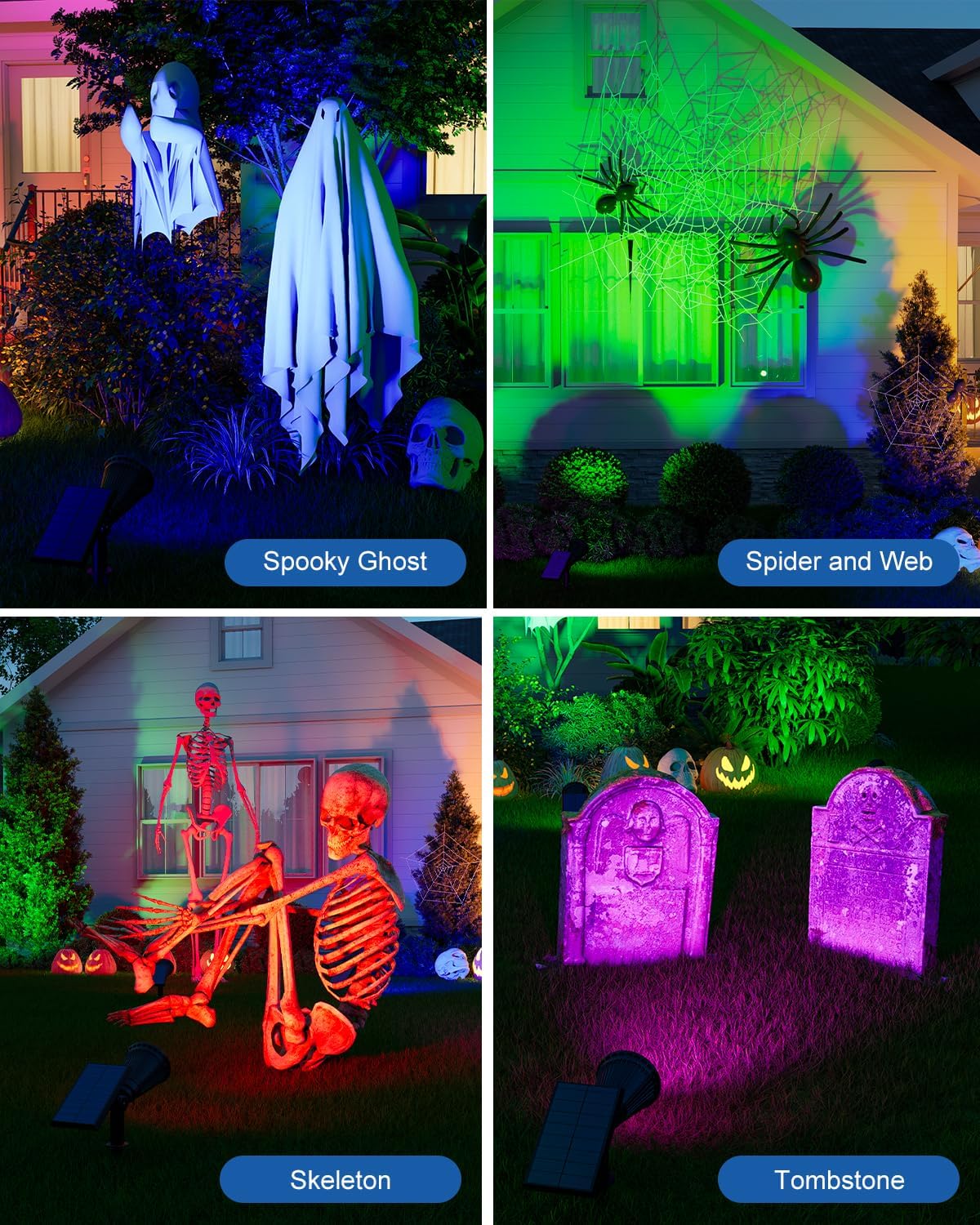 Color Changing Solar Spotlights Outdoor RGB Waterproof Landscape Flood Lights for Halloween Decorations, Skeletons, Tombstones, Pumpkin, Tree, Uplighting for Outside House, Wall, Yard, Garden, Pathway