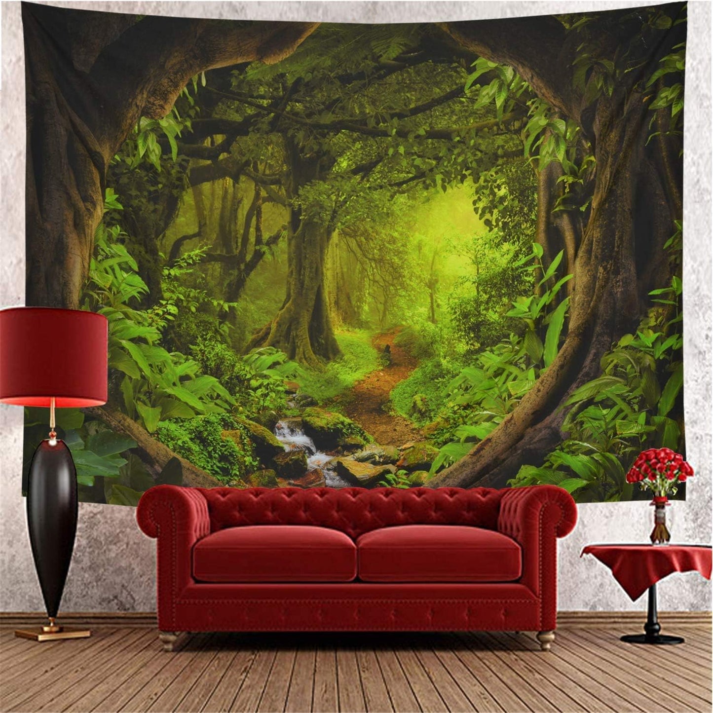 Tushelia Forest Nature Tapestry - Tree Cave Wall Hanging, Misty Forest Stream Through Rainforest Landscape, Jungle Creek Psychedelic for Living Room
